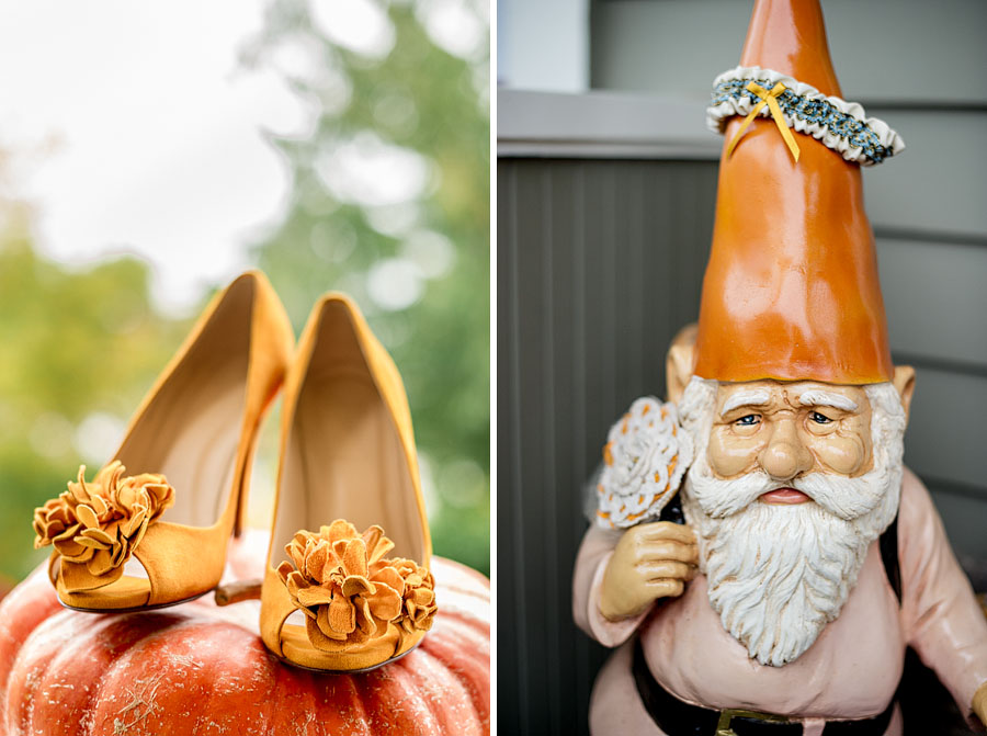 A 2-up diptych of a brides velvety, orange high heels atop a pumpkin on the left and a garden gnome statue with her garter on the cone hat on the right photographed during prep for a Golden Gardens Bathhouse wedding