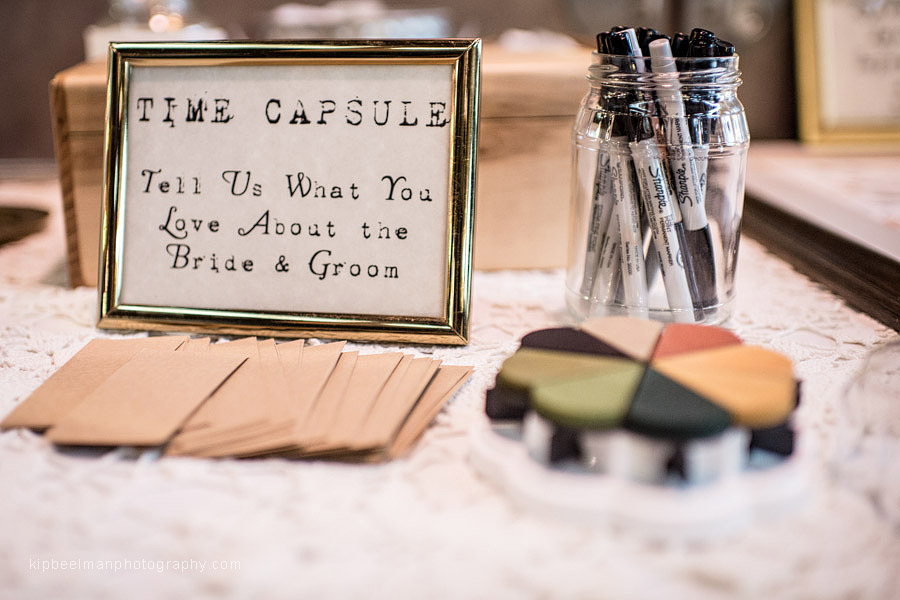 A detail from a Golden Gardens Bathhouse wedding requesting guests to fill out cards stating what they love about the bride and groom for the purpose of a time capsule