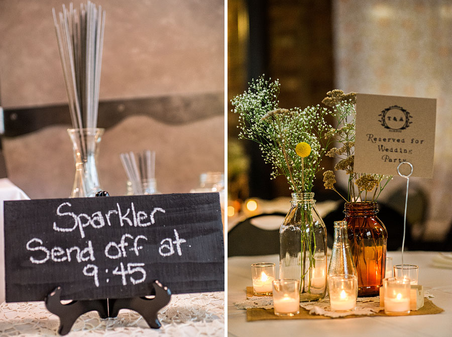 A 2-up diptych of Golden Garden Bathhouse wedding details featuring a sign and sparklers indicating a sparkler send off at 9:45pm on the left and the bride's DIY floral and decor of votives and vintage glassware on the right